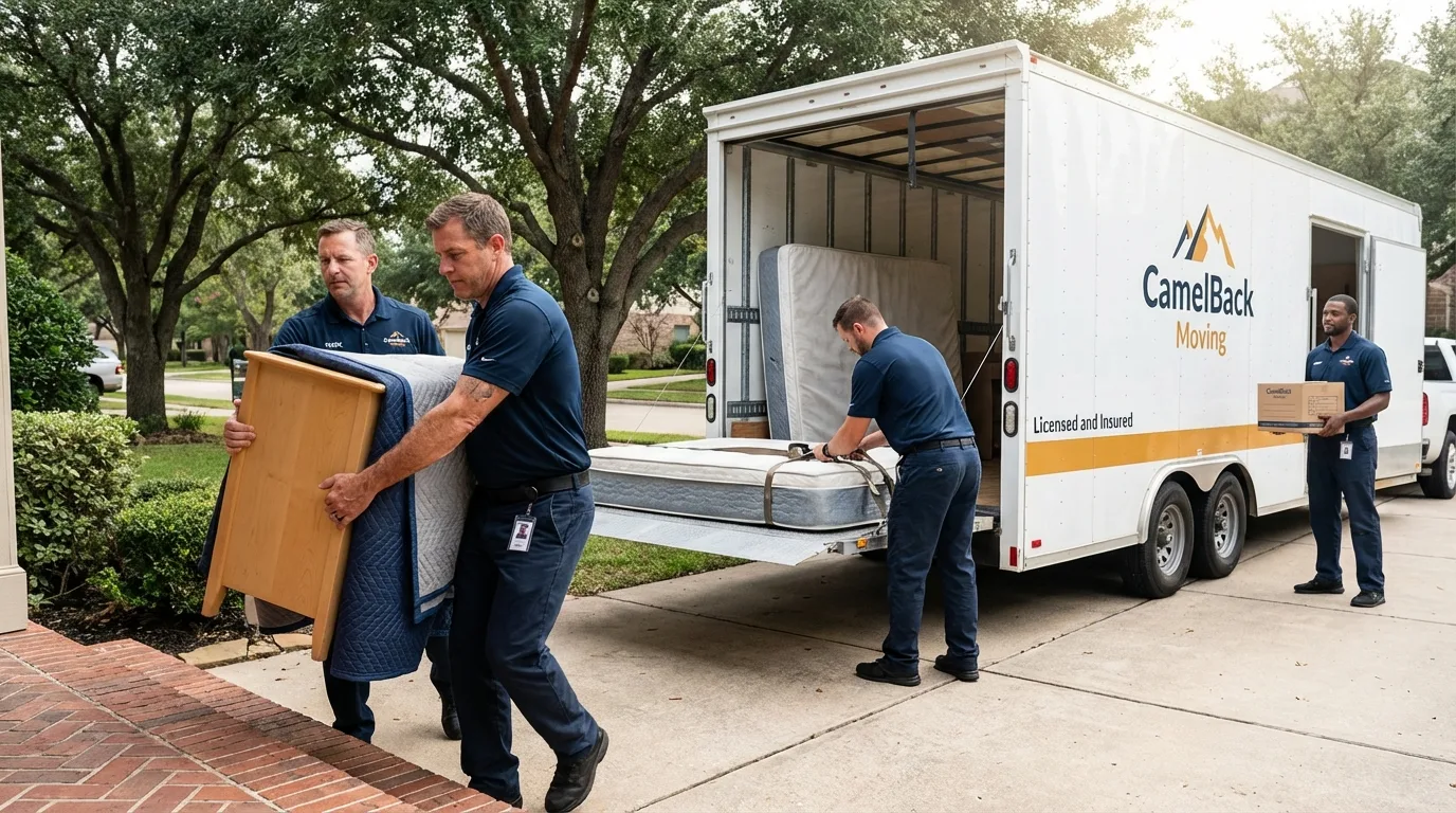 Crew loading residential truck for cross-state move from Faribault, MN