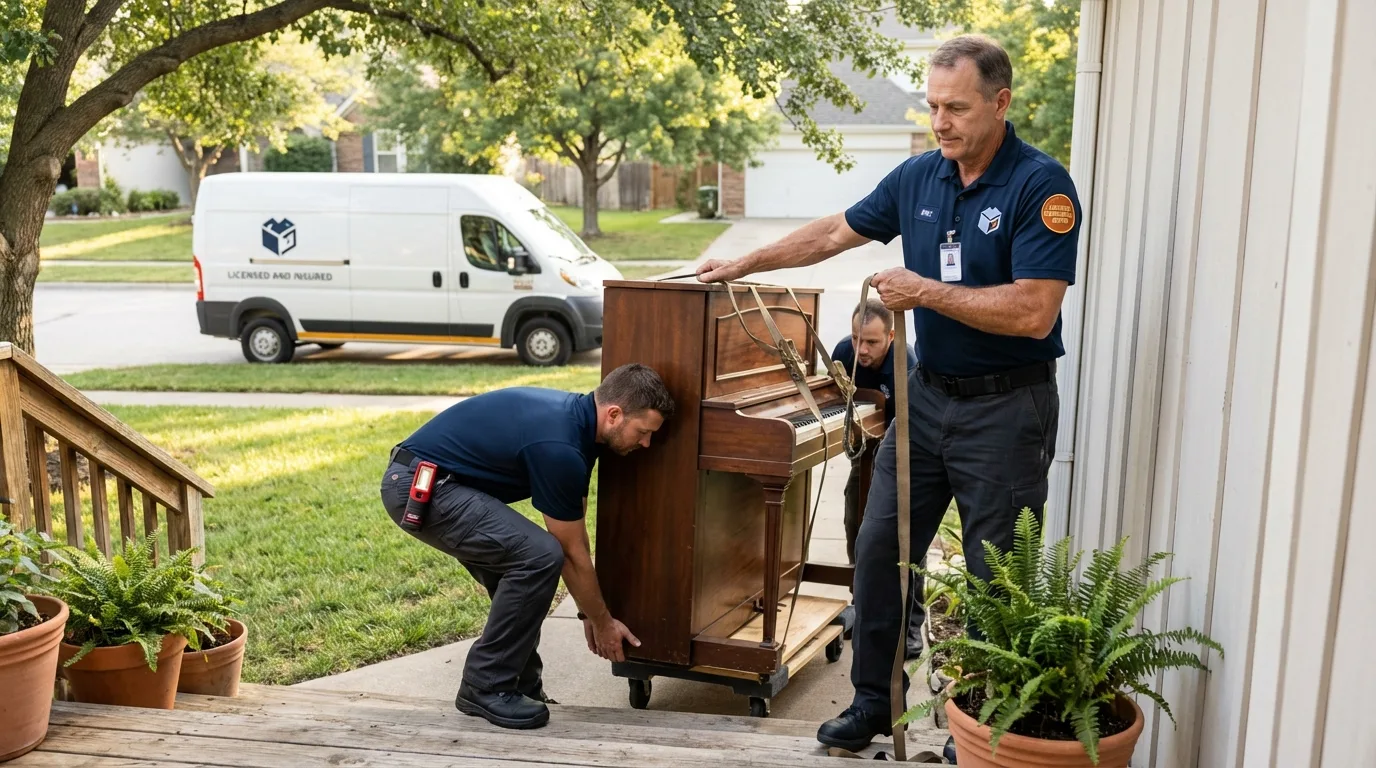 Licensed piano movers securing grand piano in Faribault, MN