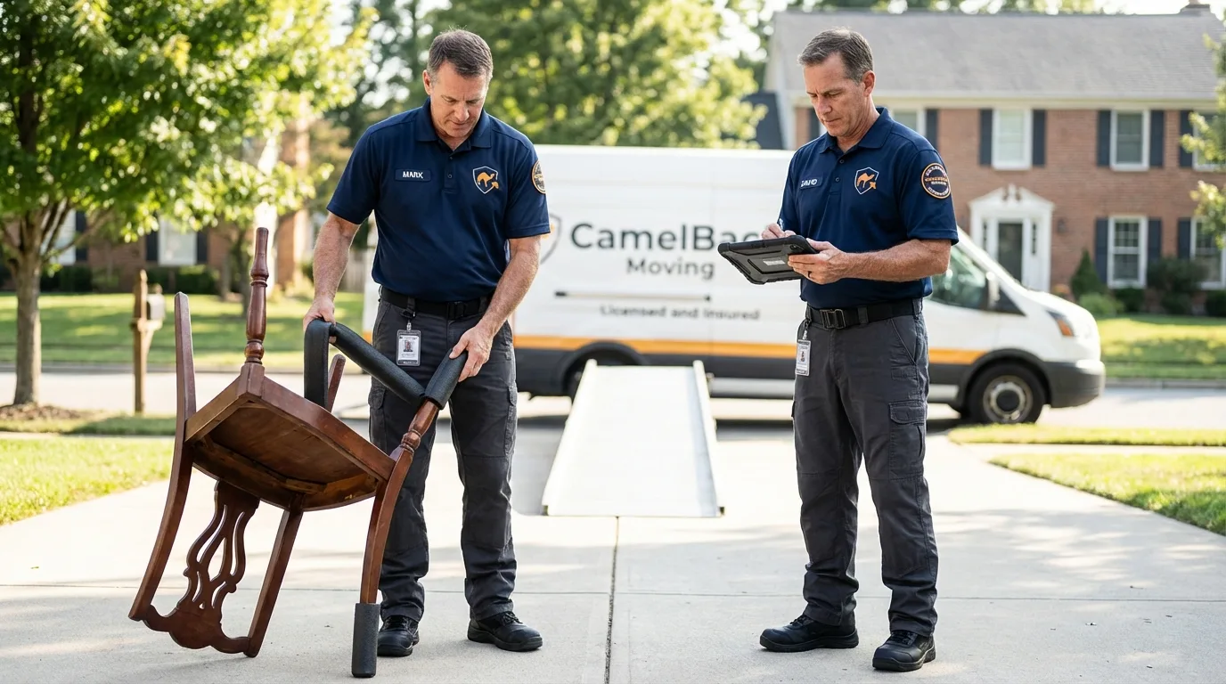 Movers inspecting furniture for damage prevention before loading in Faribault, MN