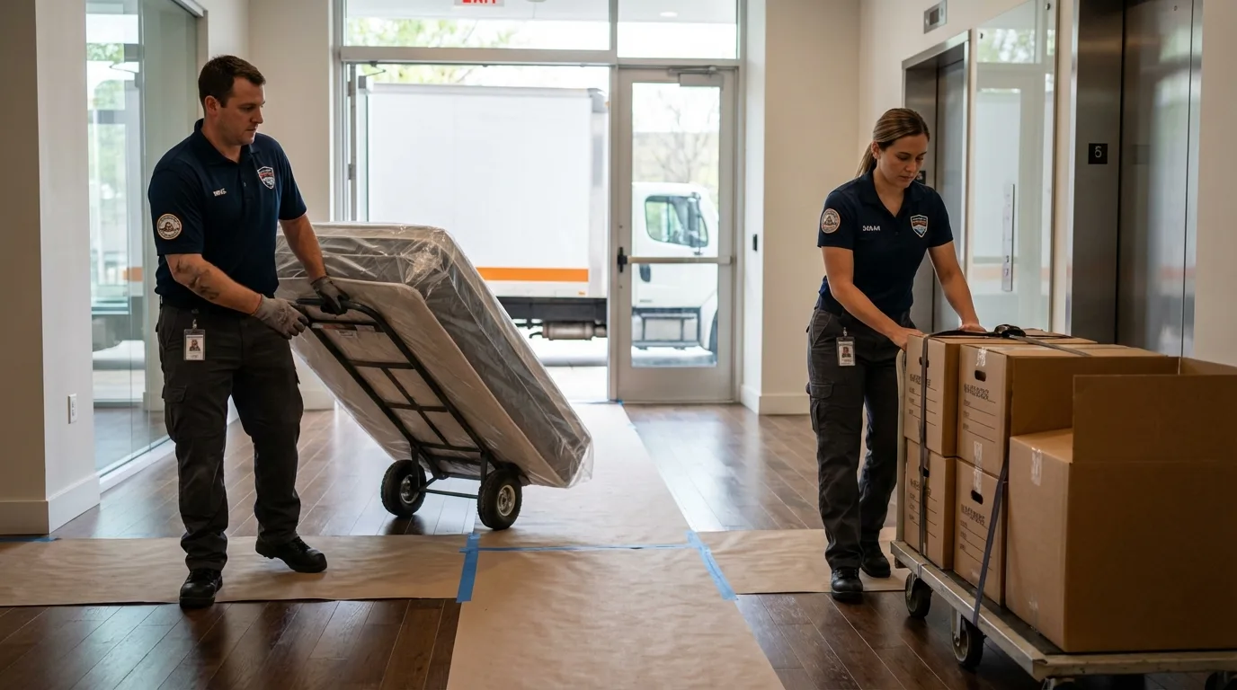Professional apartment movers loading elevator in Faribault, MN