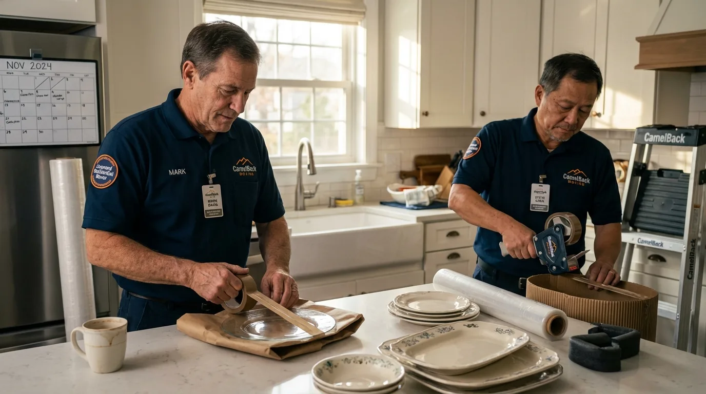 Professional crew packing kitchen dishware in Faribault, MN